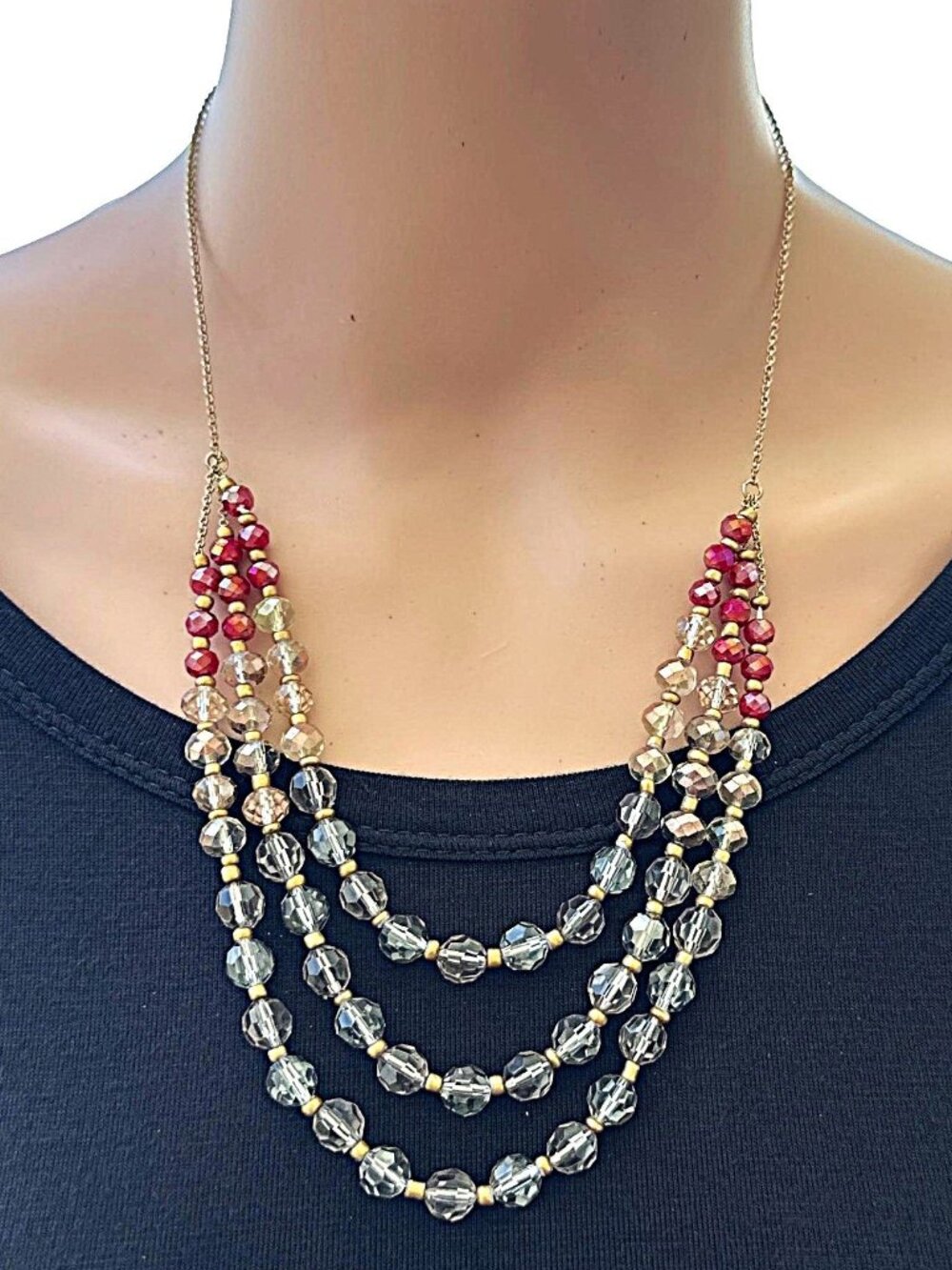Ann Taylor LOFT Faceted Deep Rose and AB Clear Gold Tone Beads Triple Tier